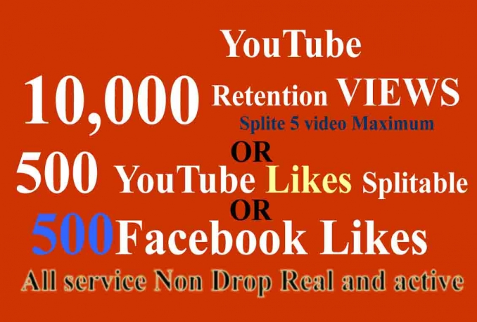 10,000 Retention YouTube Views or 500 Likes or 500 Facebook likes